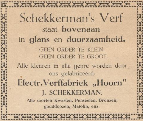 advertentie - Electrische Verffabriek 'Hoorn' -  J. Schekkerman
