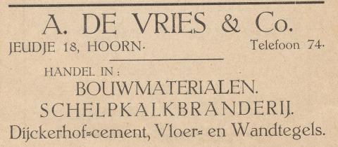 advertentie - A. de Vries & Co. -  Schelpkalkbranderij en handel in bouwmaterialen