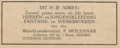 advertentie - P. Molenaar - Heeren en Jongenskleeding