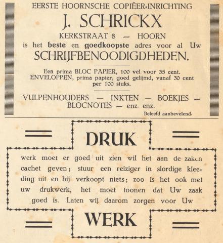 advertentie - J. Schrickx - Eerste Hoornsche Copieer-inrichting
