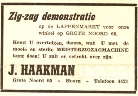 advertentie - J. Haakman - Zig-zag demonstratie op de lappenmarkt